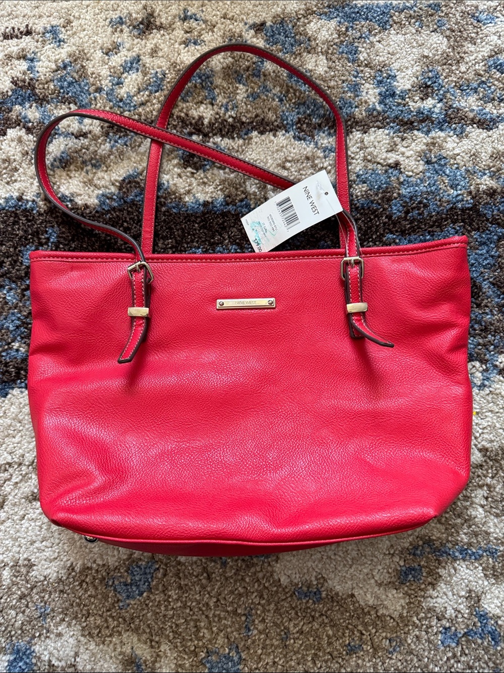 Nine West Bright Red Leather Tote with Silver  Accent Plate